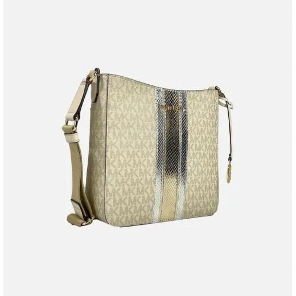 Michael Kors Jet Set Small Signature Logo Metallic Messenger Bag in Pale Gold - Picture 5 of 5